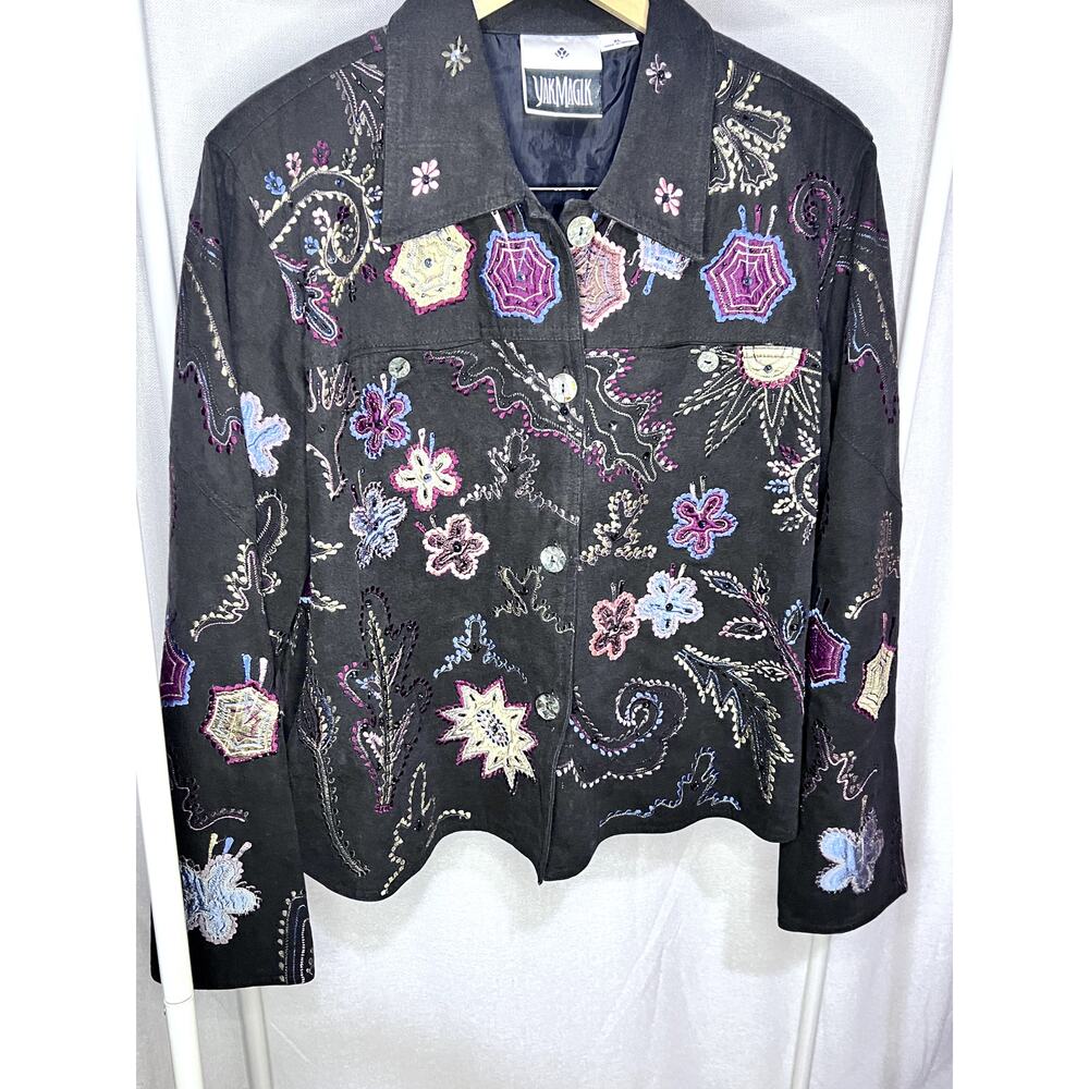 Vintage 90s Yak Magik Black Silk Embroidered Retro‎ Cotton Denim Jacket